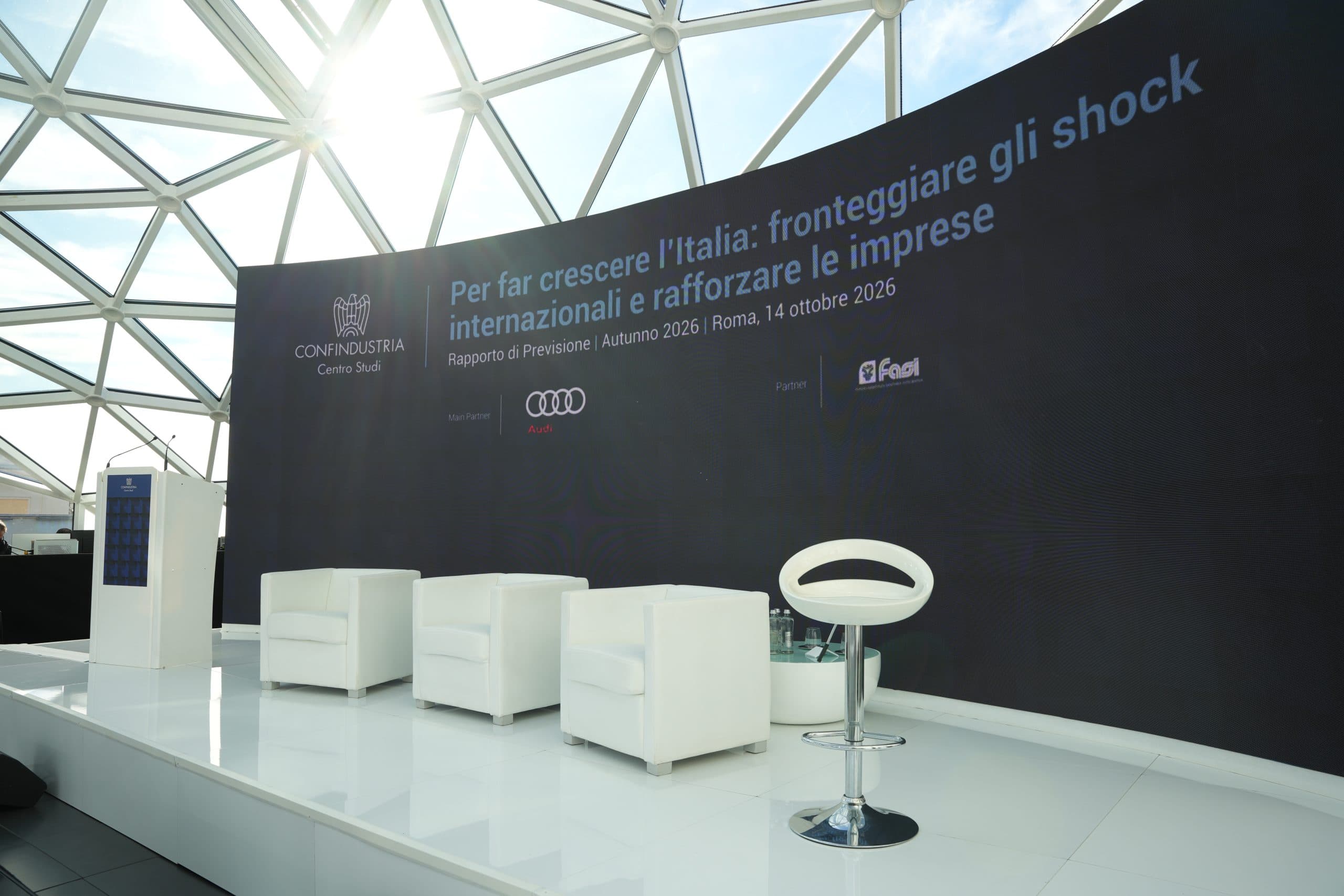 La presentazione del Rapporto di previsione d’autunno del Centro Studi Confindustria alla Lanterna di Fuksas, a Roma.