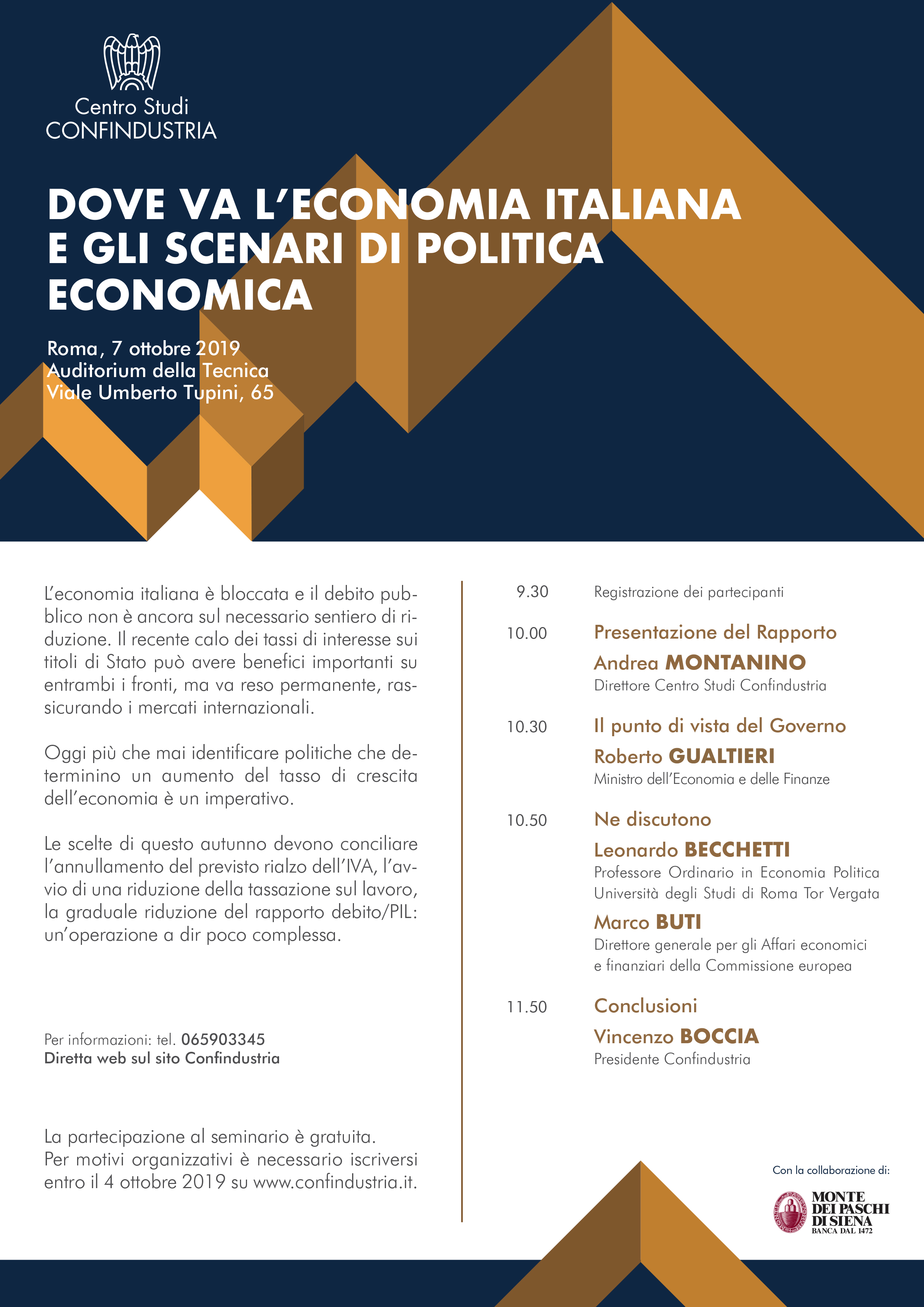programma presentazione rapporto di previsione Centro Studi Confindustria, 7 ottobre 2019, Dove va l'economia italiana e gli scenari di politica economica