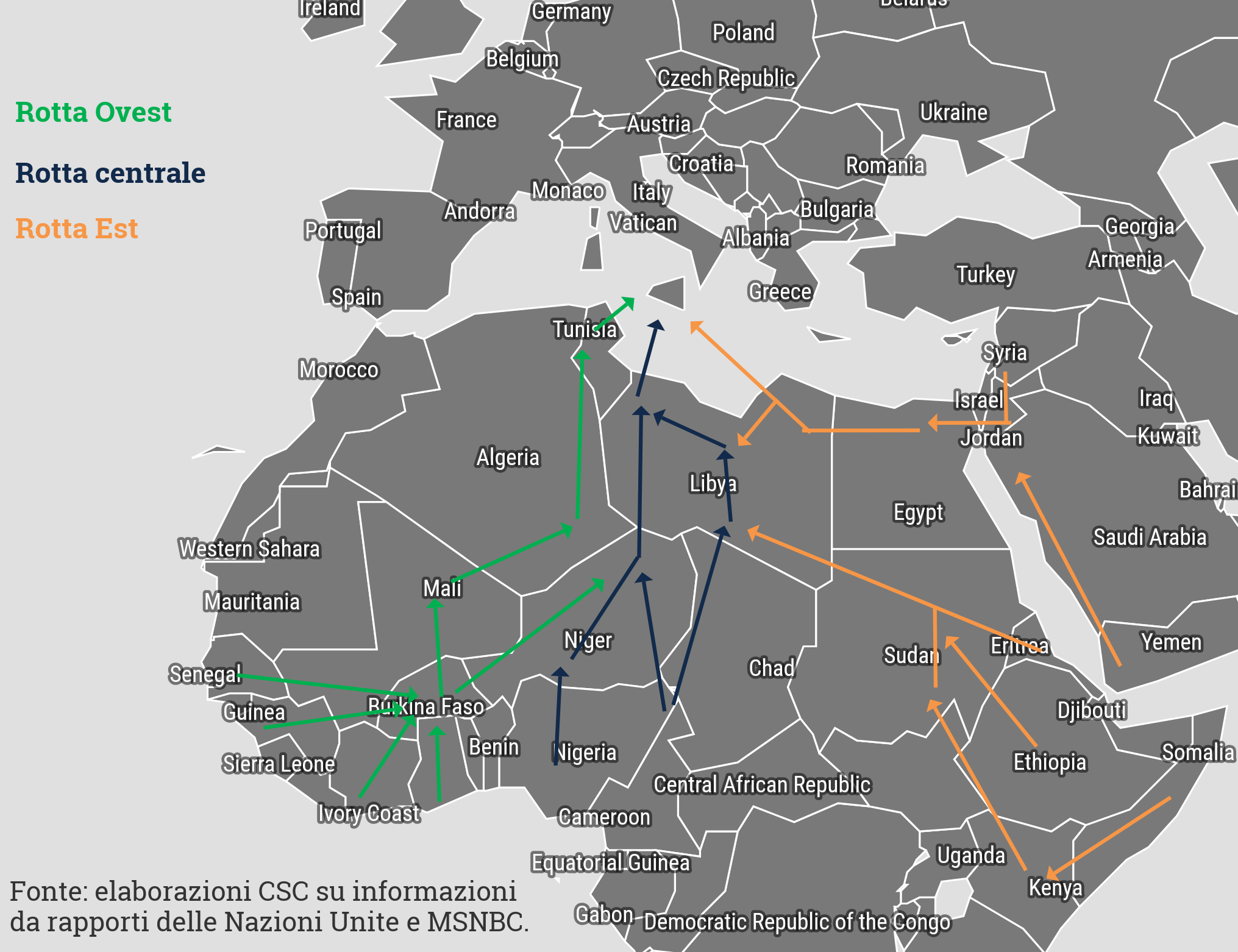 Mappa Libia: porta d'accesso per l'Europa (Le principali rotte dei migranti transitanti per la Libia)