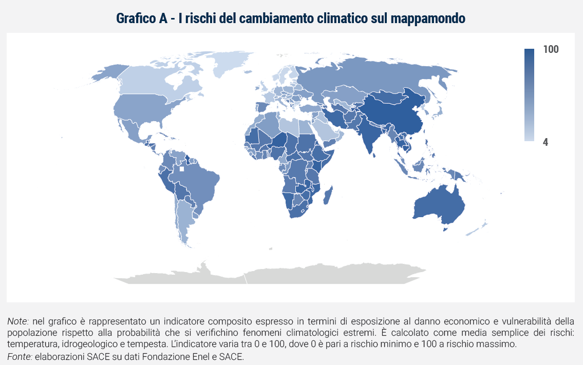 Grafico rischi del cambiamento climatico sul mappamondo - Rapporto Catene di fornitura 2023