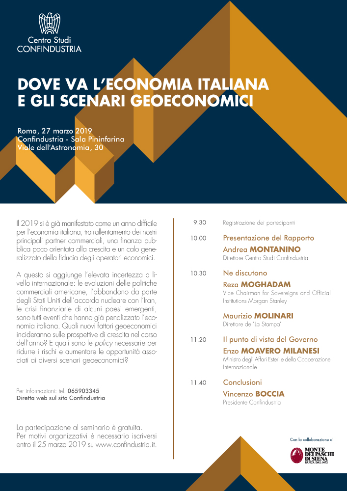 programma presentazione rapporto di previsione Centro Studi Confindustria, 27 marzo 2019, Dove va l'economia italiana e gli scenari geoeconomici